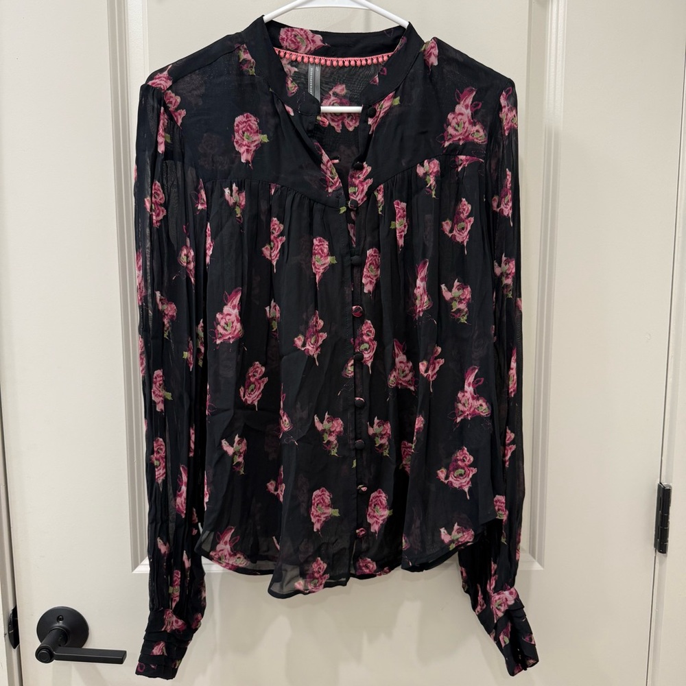 By Anthropologie Black Sheer Floral Rose Peasant Blouse Size M Boho Button Front